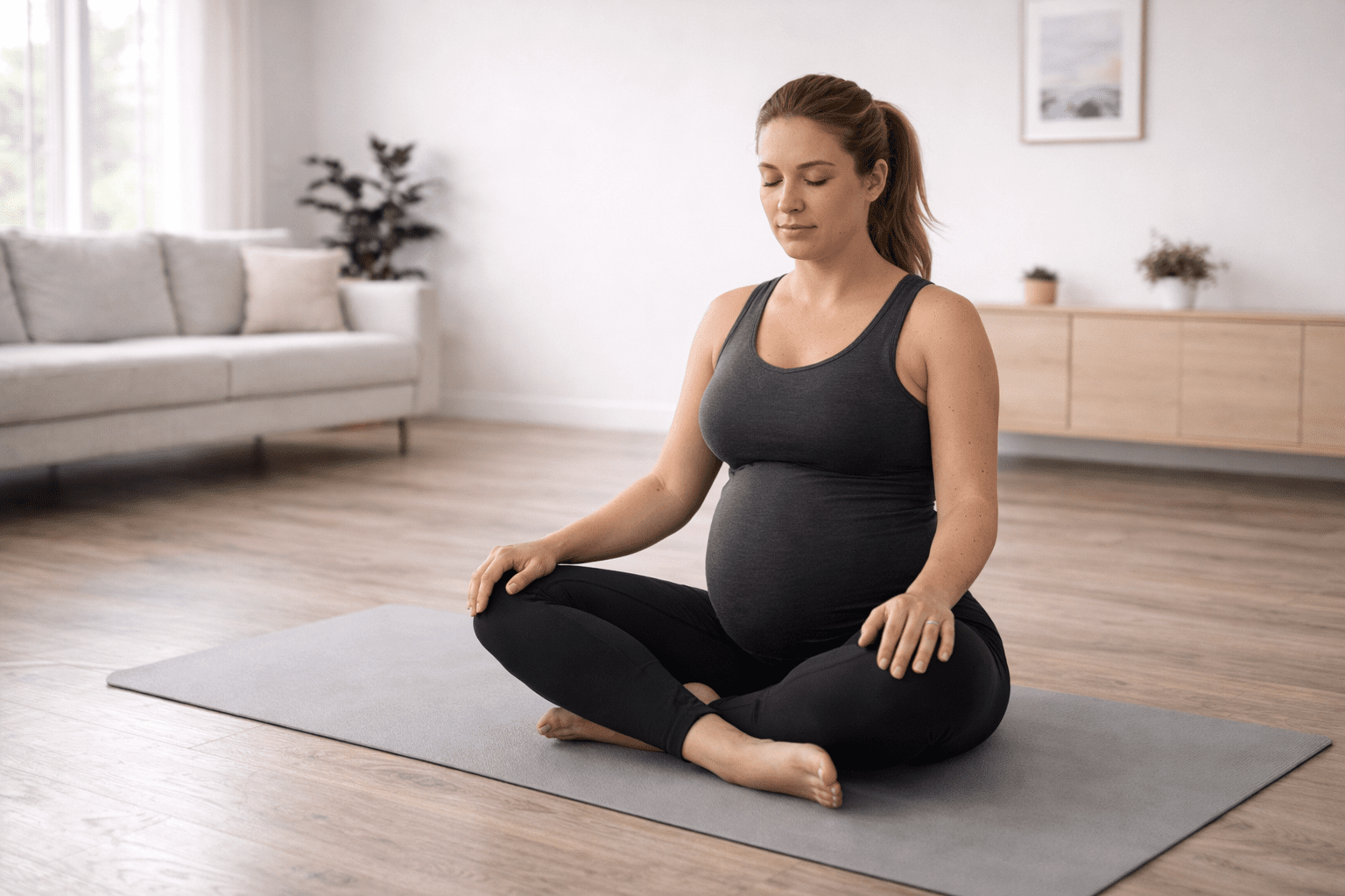 Gravid kvinne utfører bekkenbunnsdrag knip-øvelse