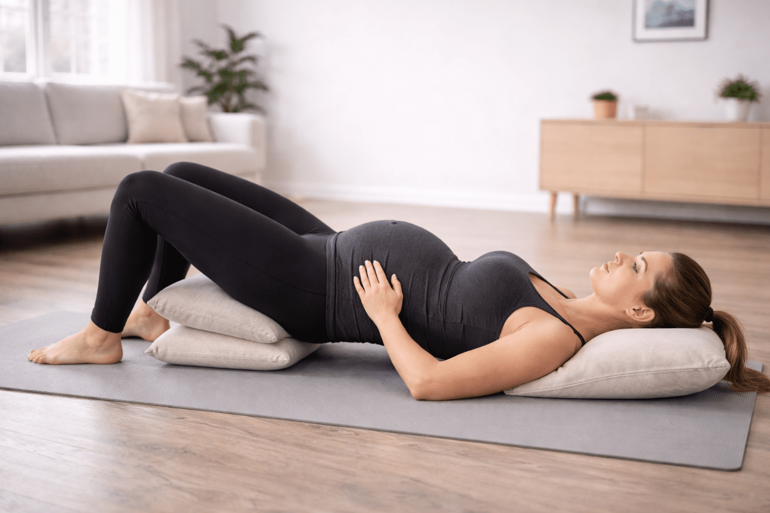 Gravid kvinne utfører bro glute bridge for bekkenstabilitet