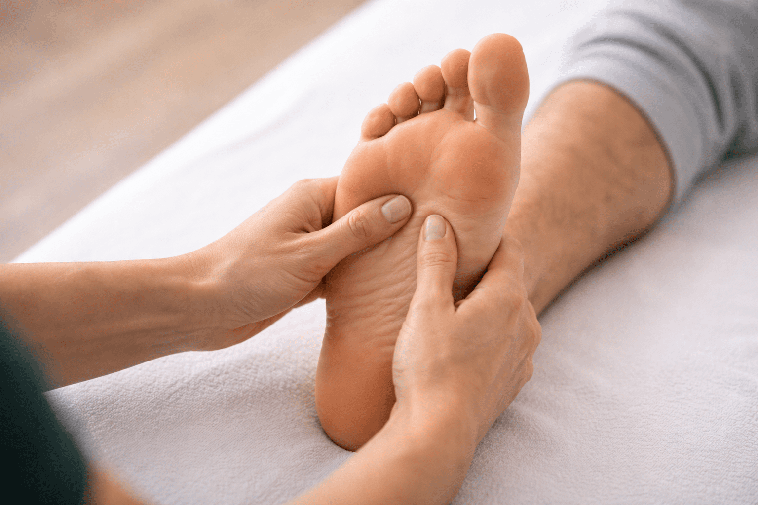 Fysioterapeut utfører manuell behandling av fot