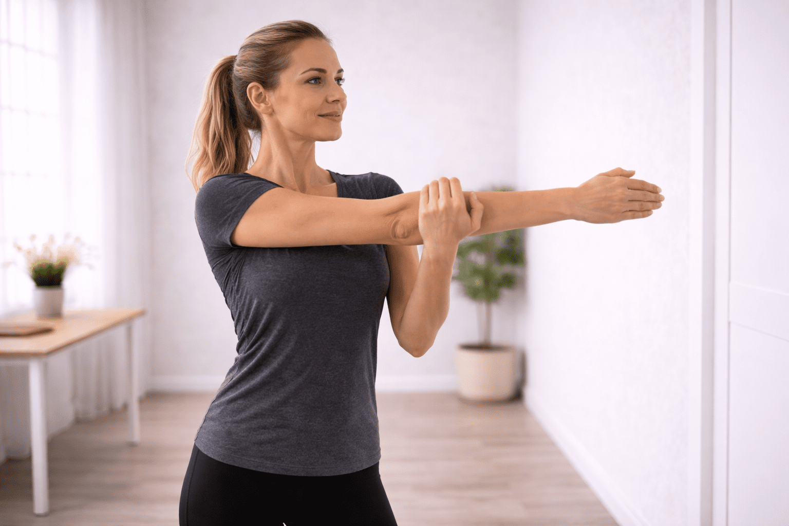 Person utfører cross-body stretch for bakre skulder