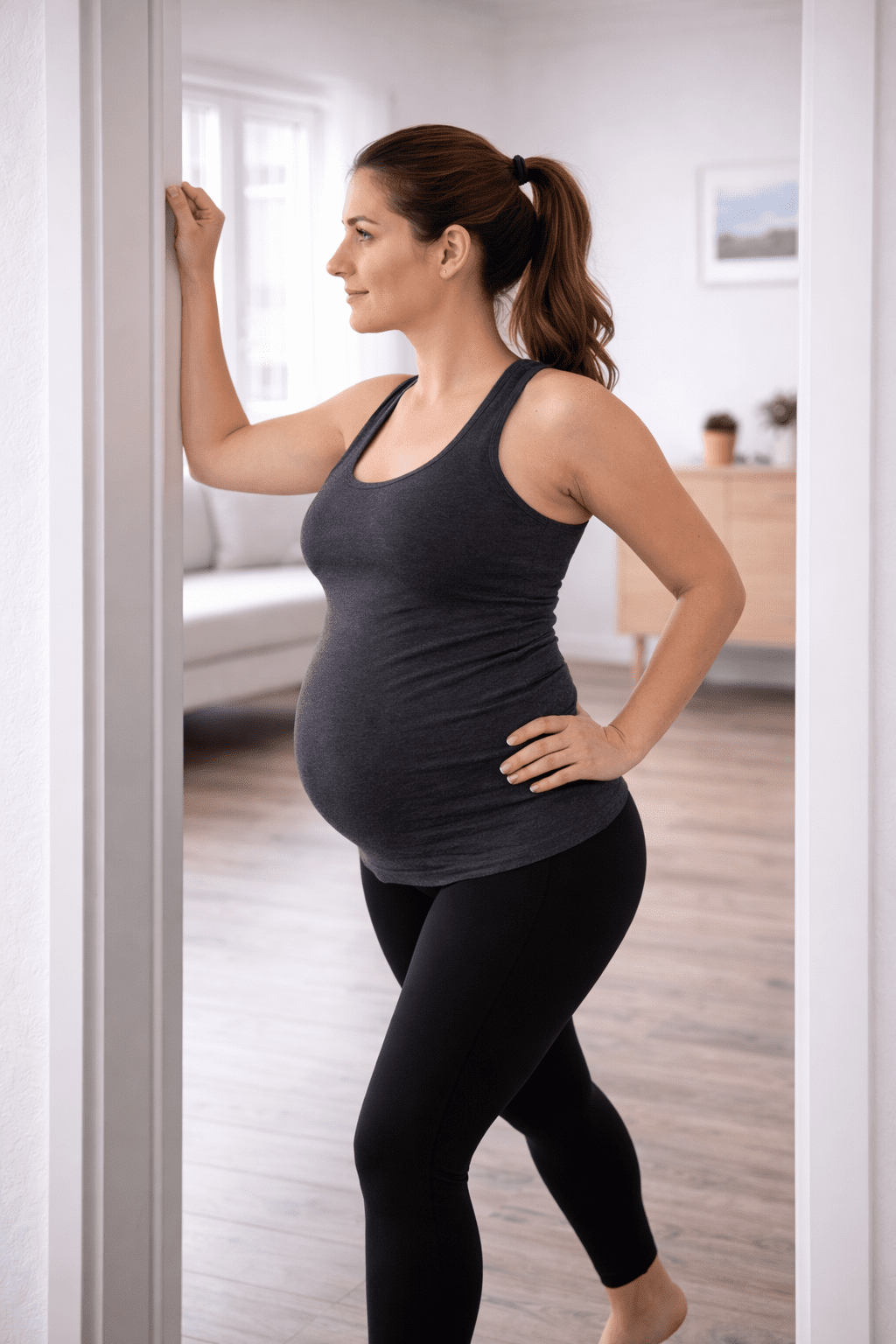 Gravid kvinne utfører dørkarmsstretch for bryst og skulder