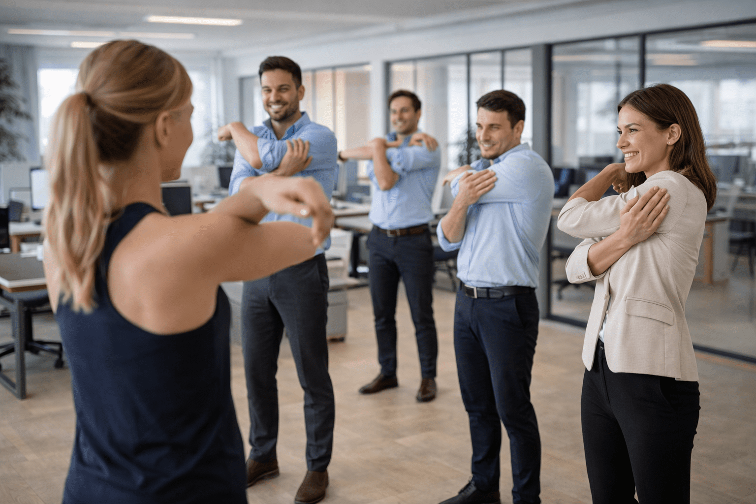 Gruppetrening og stretching på kontoret