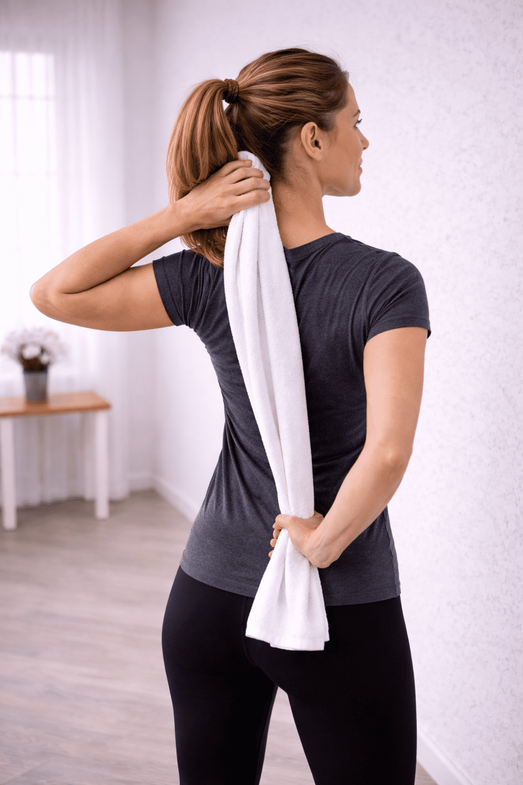 Person utfører håndklestretch bak ryggen for innoverrotasjon ved frossen skulder