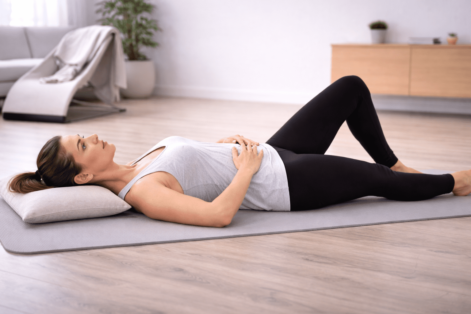 Kvinne utfører heel slides hælglidning for kjernestabilitet