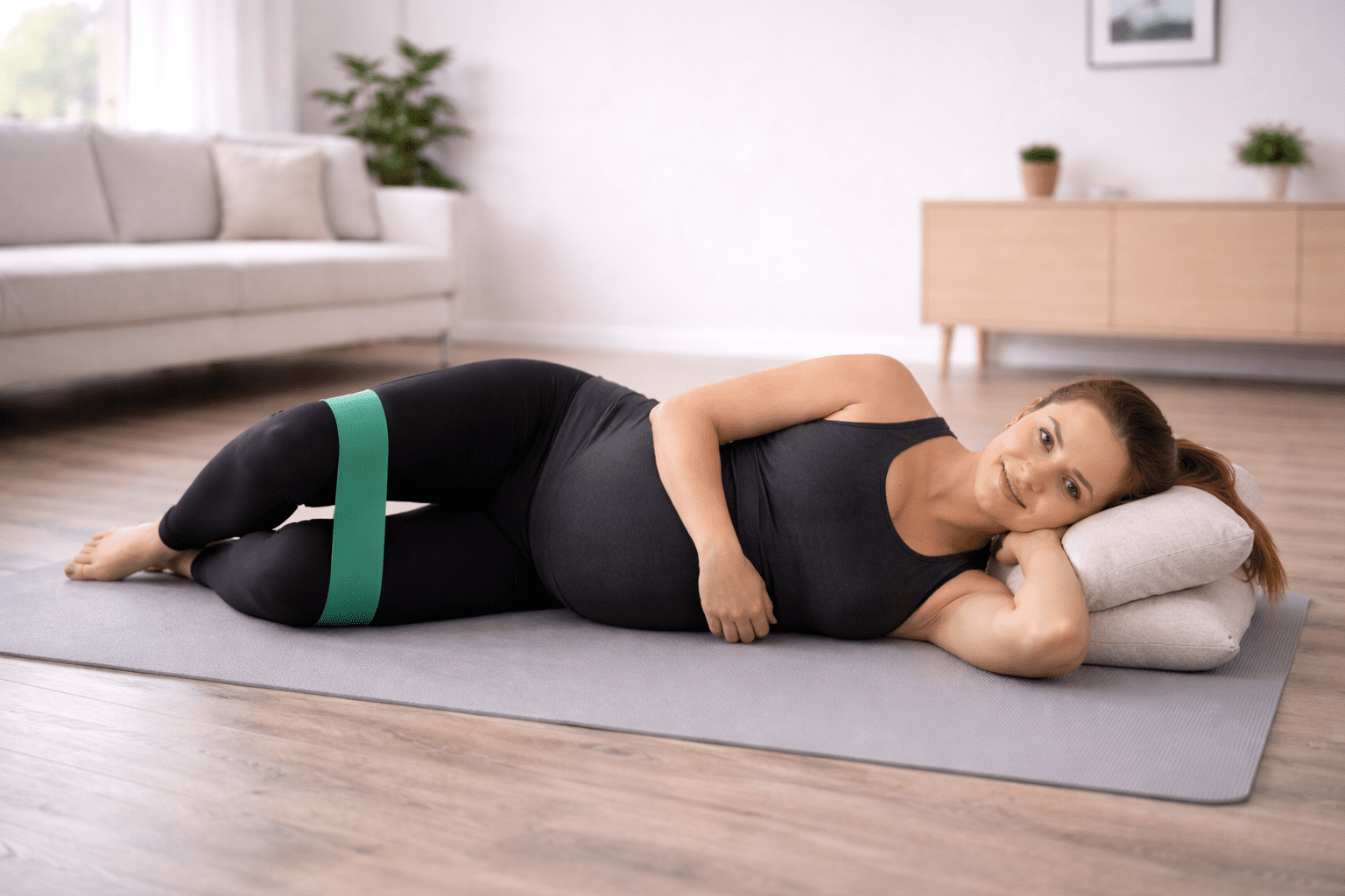 Gravid kvinne utfører klamreøvelse clamshell med strikk