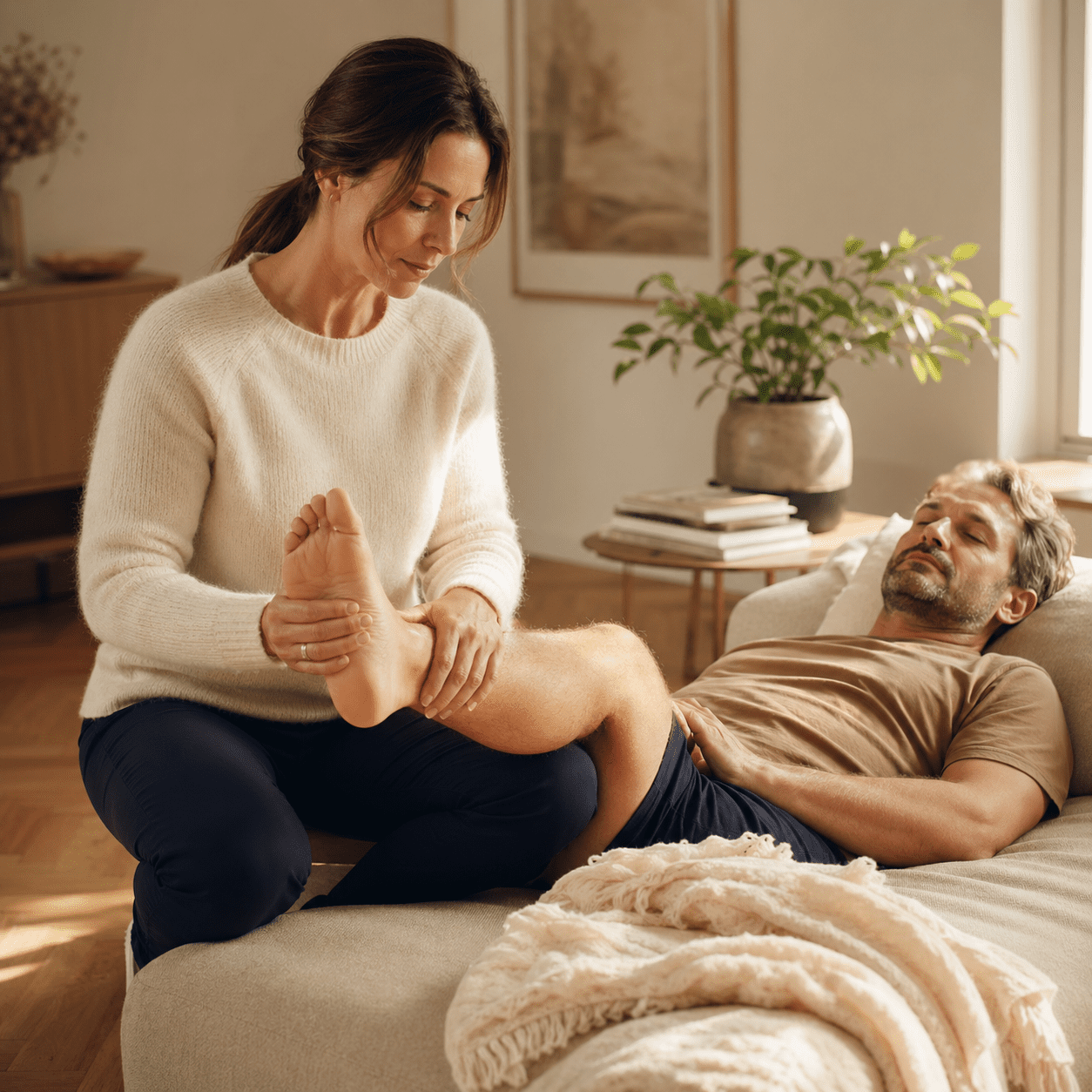 Fysioterapeut gir behandling hjemme hos pasient i stuen