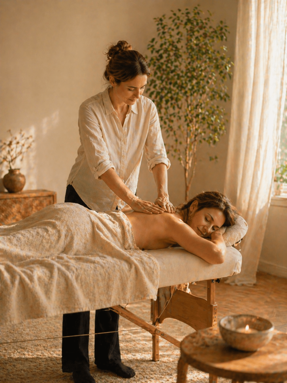 Massør gir avslappende massasje hjemme hos kunde