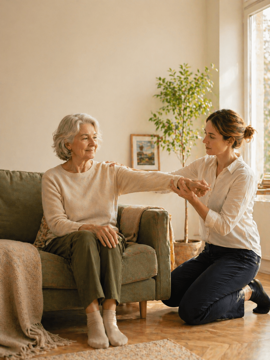 Medy fysioterapeut behandler eldre kvinne hjemme i hennes egen stue i Norge
