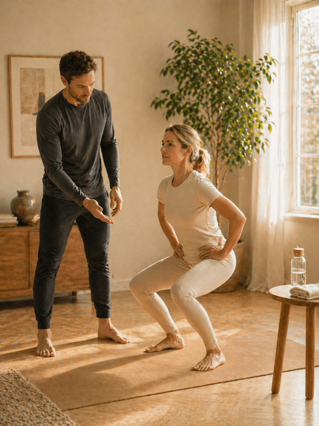 Personlig trener veileder klient med øvelser hjemme