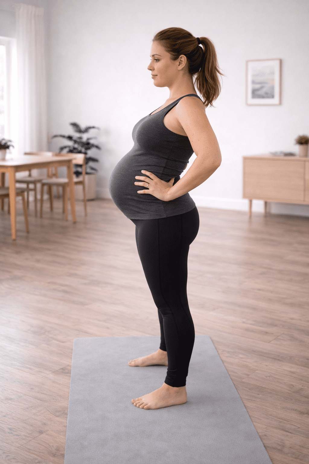 Gravid kvinne utfører stående bekkenvipper