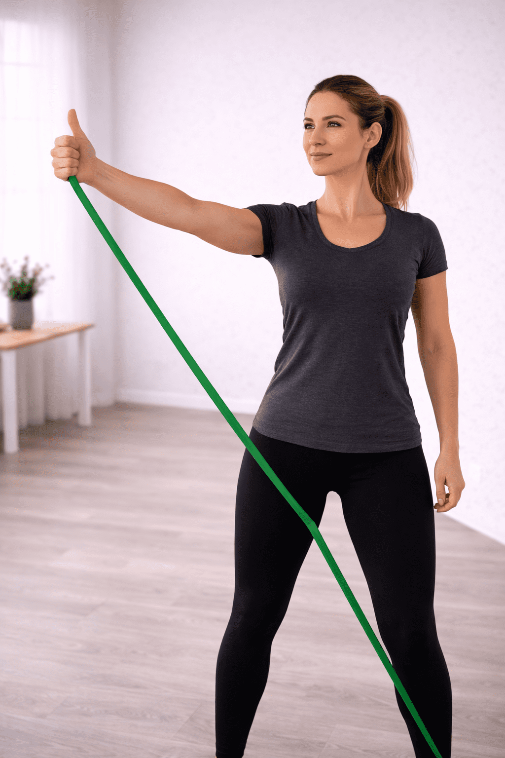 Person utfører strikk-abduksjon med tommel opp for skulder impingement