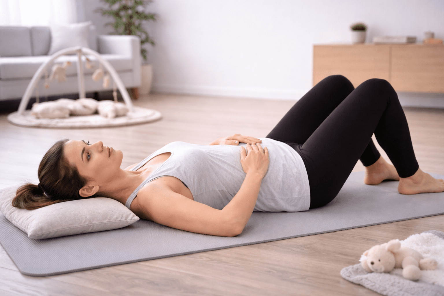 Kvinne utfører transversus-aktivering for diastase