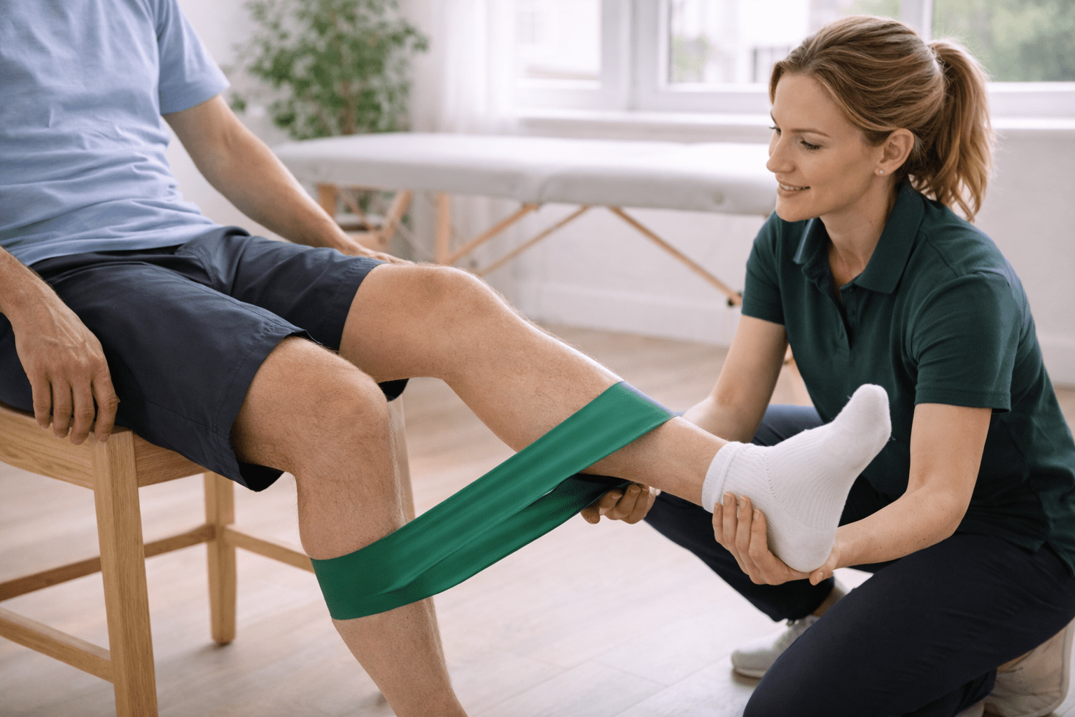 Fysioterapeut veileder pasient gjennom opptrening etter operasjon