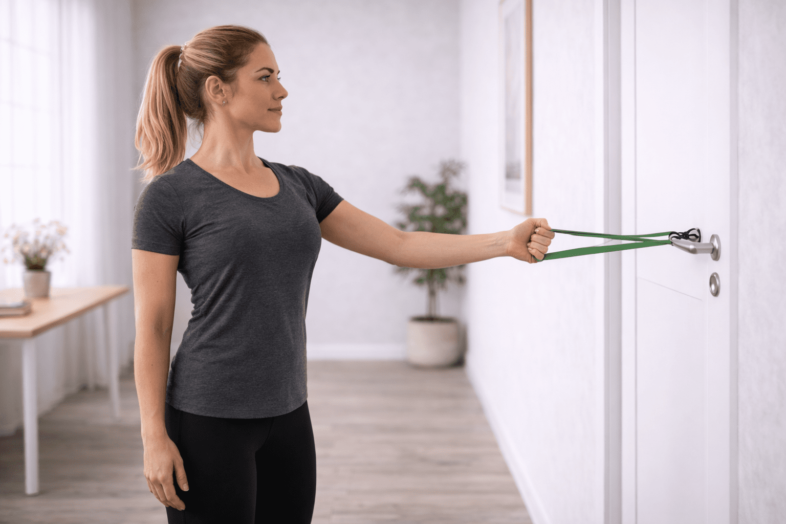 Kvinne utfører utoverrotasjon med strikk for rotatorcuff