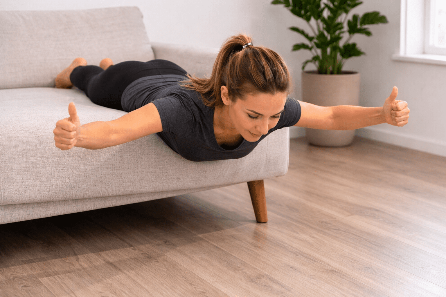 Person utfører Y-T-W-løft i mageleie for øvre rygg og skulder