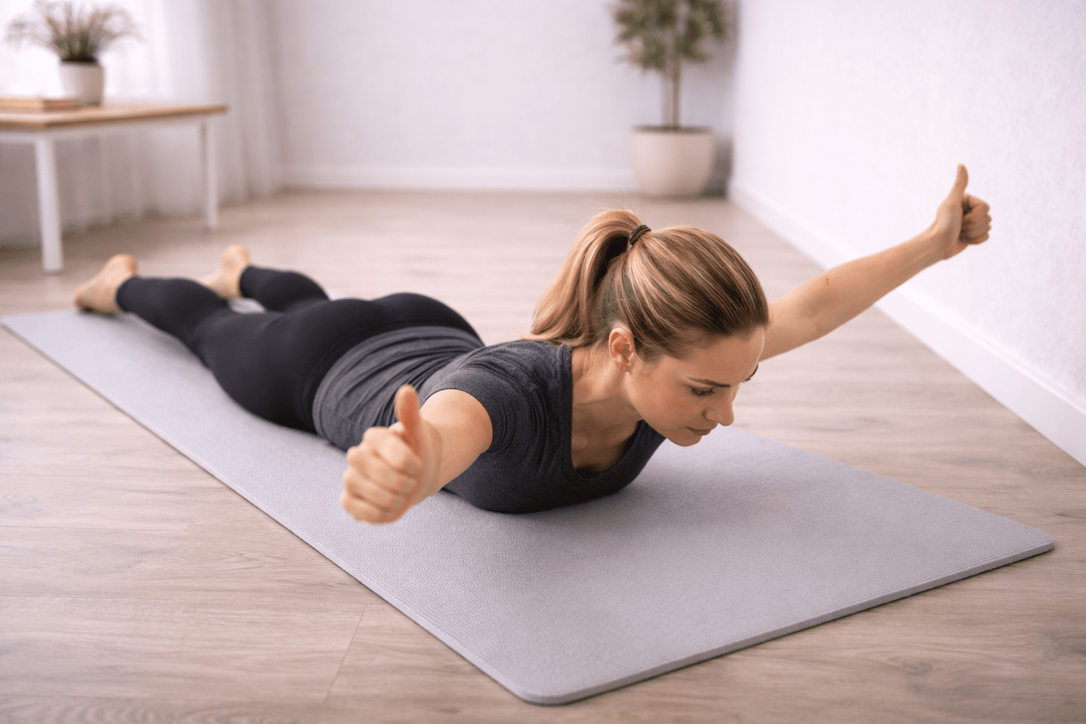 Kvinne utfører Y-løft i mageleie for nedre trapezius