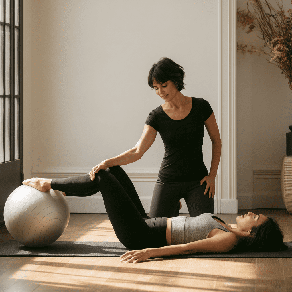 Fysioterapeut behandler pasient hjemme i stuen