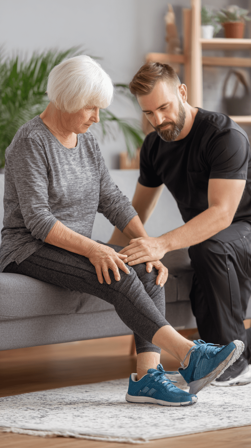 Fysioterapeut hjelper eldre pasient med øvelser hjemme