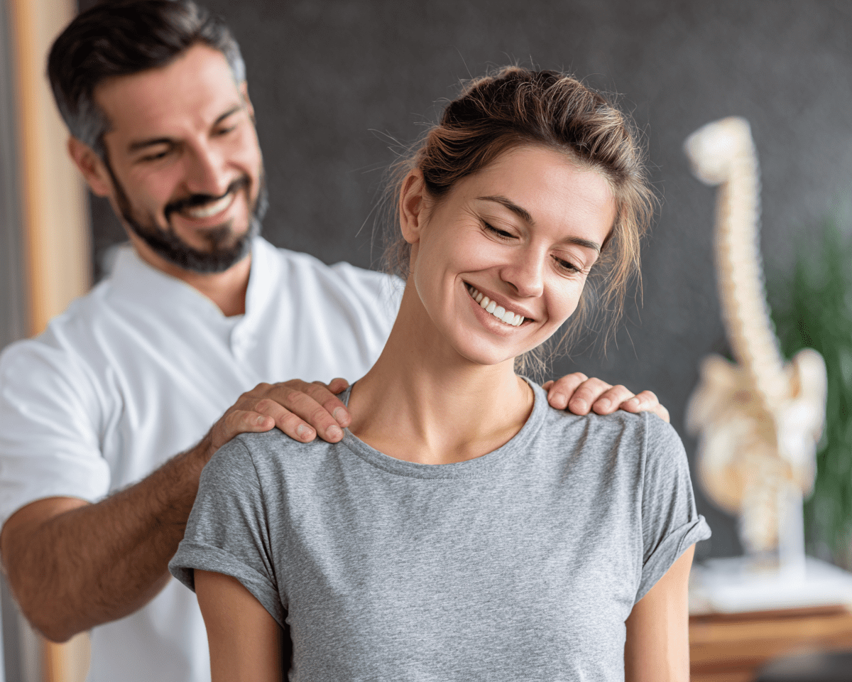 Fysioterapeut veileder pasient med rehabiliteringsøvelser hjemme