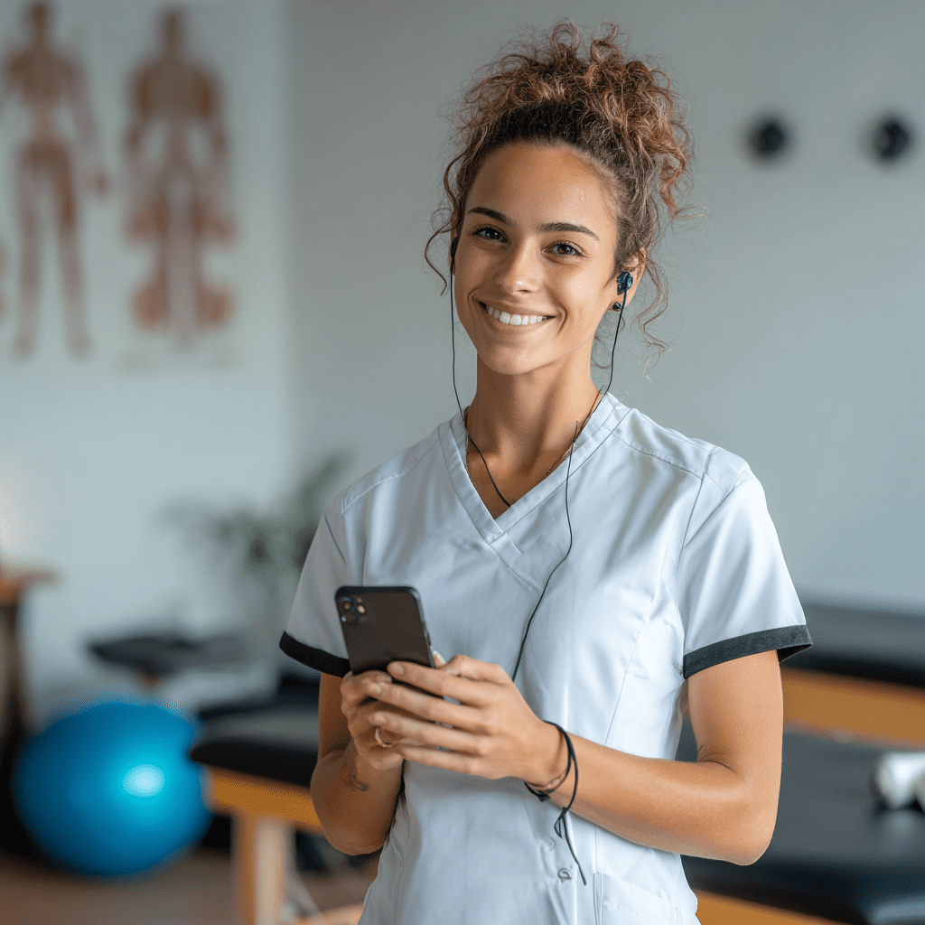 Kvinne gjennomfører online fysioterapi via laptop hjemmefra