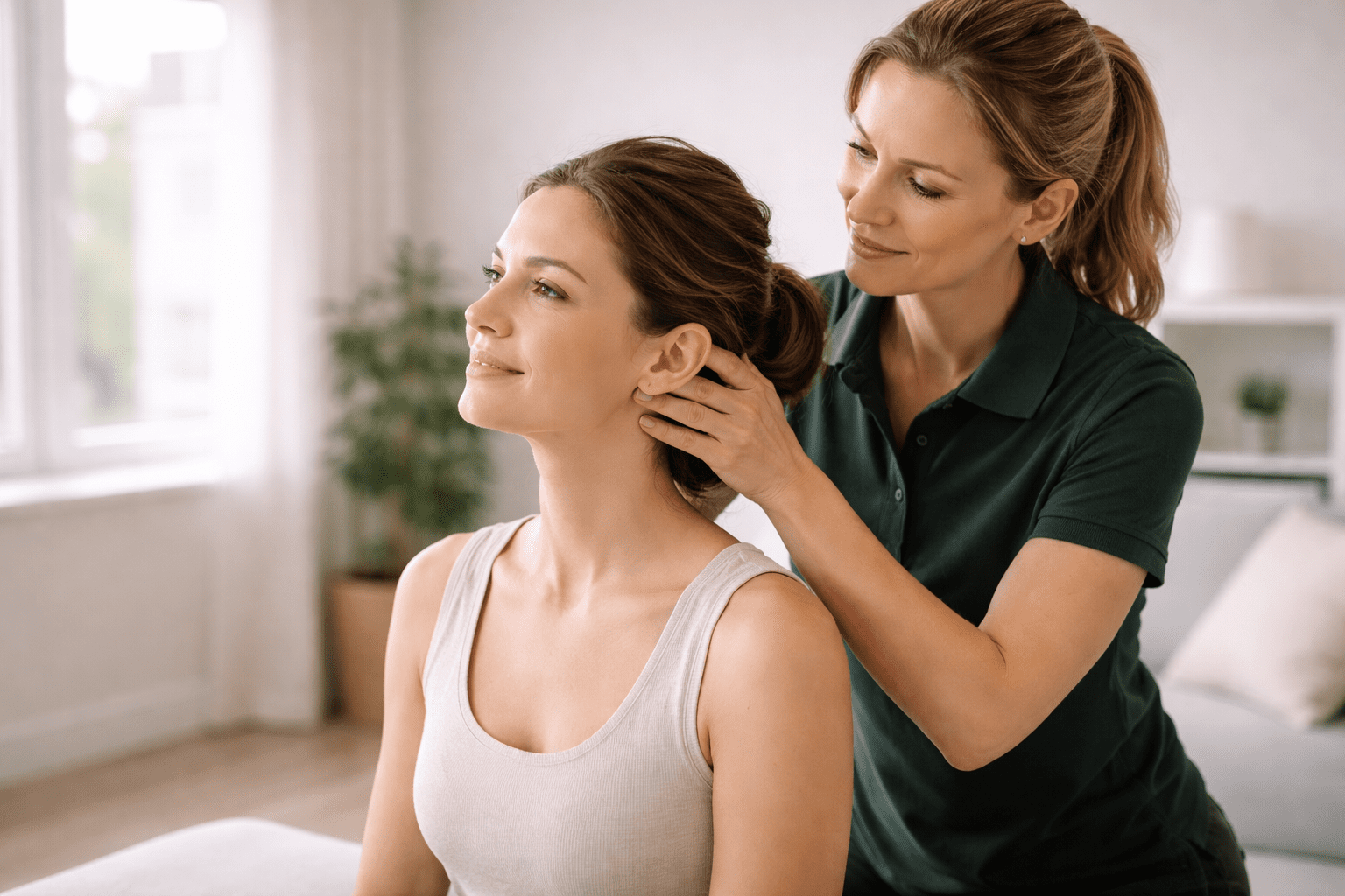 Fysioterapeut undersøker nakke og hodepine hos pasient hjemme