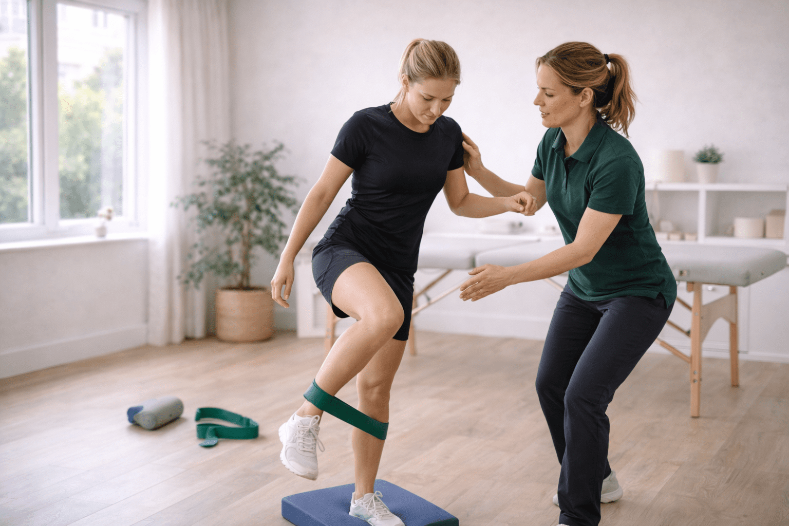 Fysioterapeut veileder styrkeøvelse med strikk for knerehabilitering