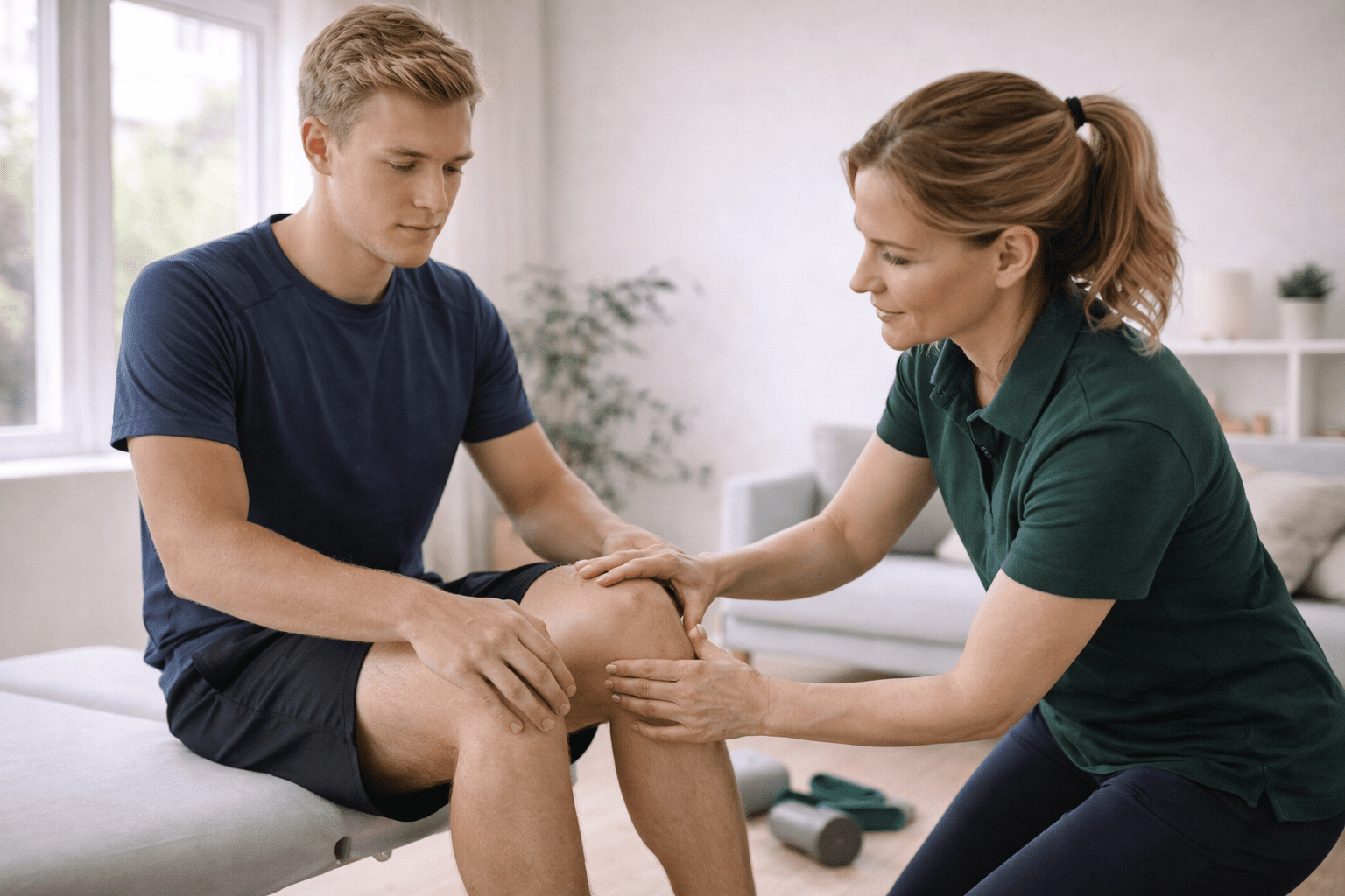 Fysioterapeut undersøker kne hos ung idrettsutøver hjemme