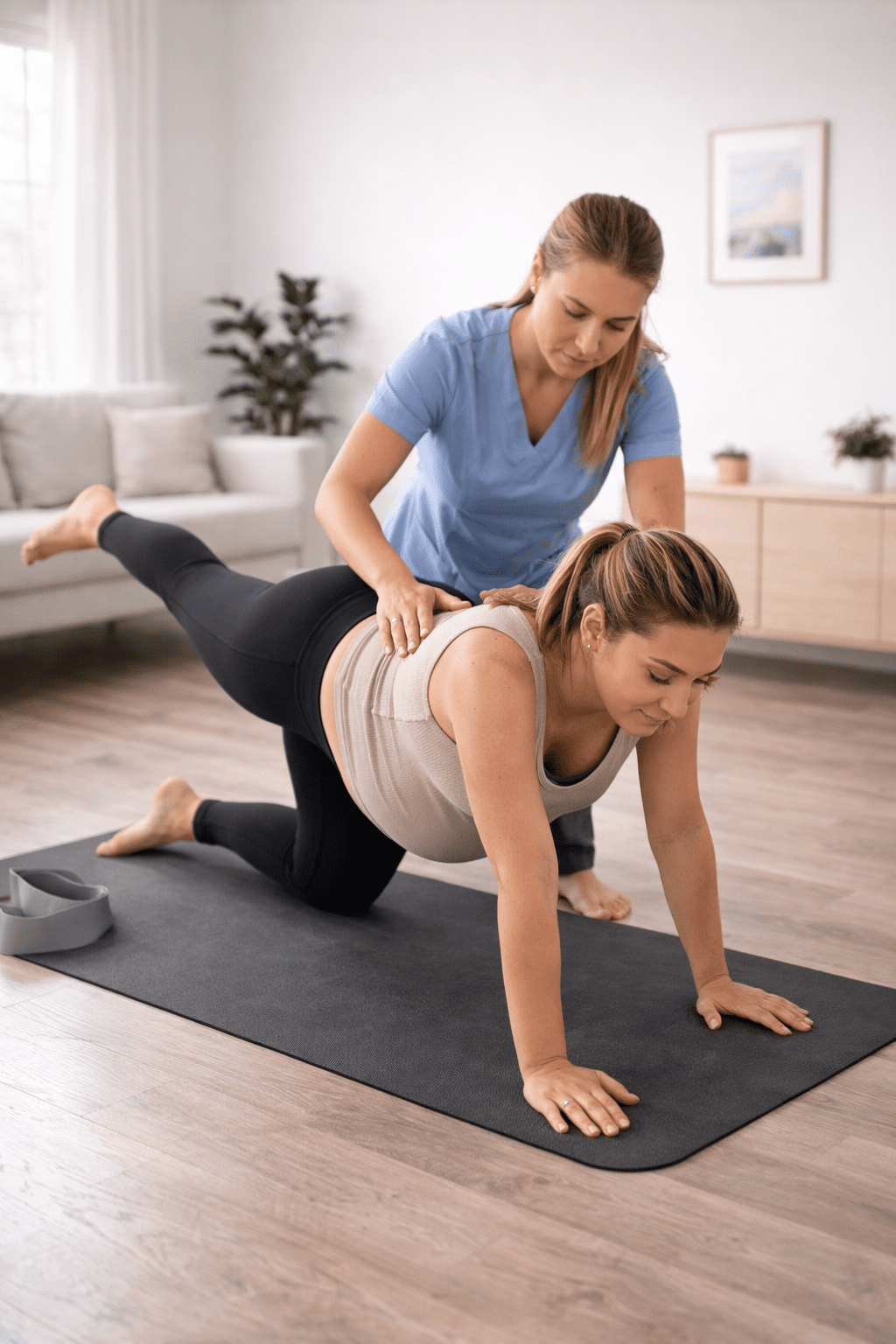 Gravid kvinne gjør bird-dog øvelse veiledet av fysioterapeut