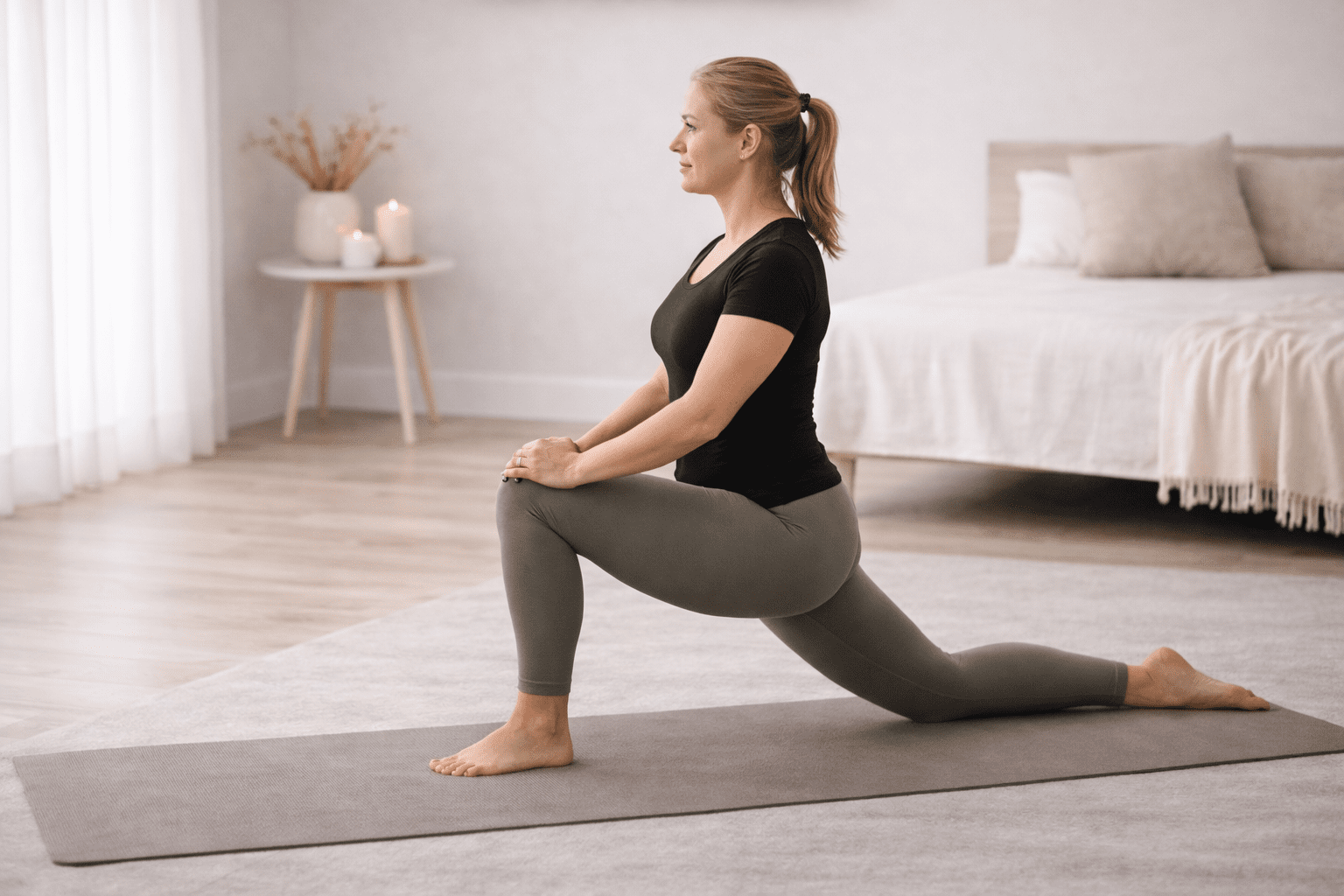 Kvinne utfører hofteleddsbøyer-stretch — tøyning for korsrygg og iliopsoas