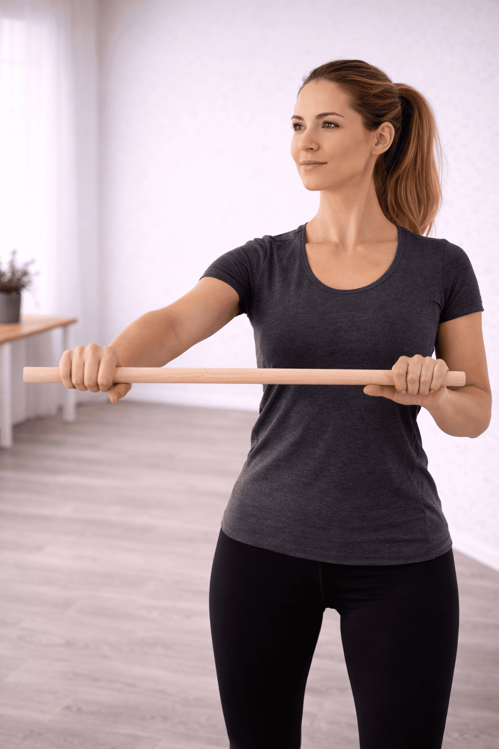 Kvinne utfører passiv utoverrotasjon med pinne for frossen skulder