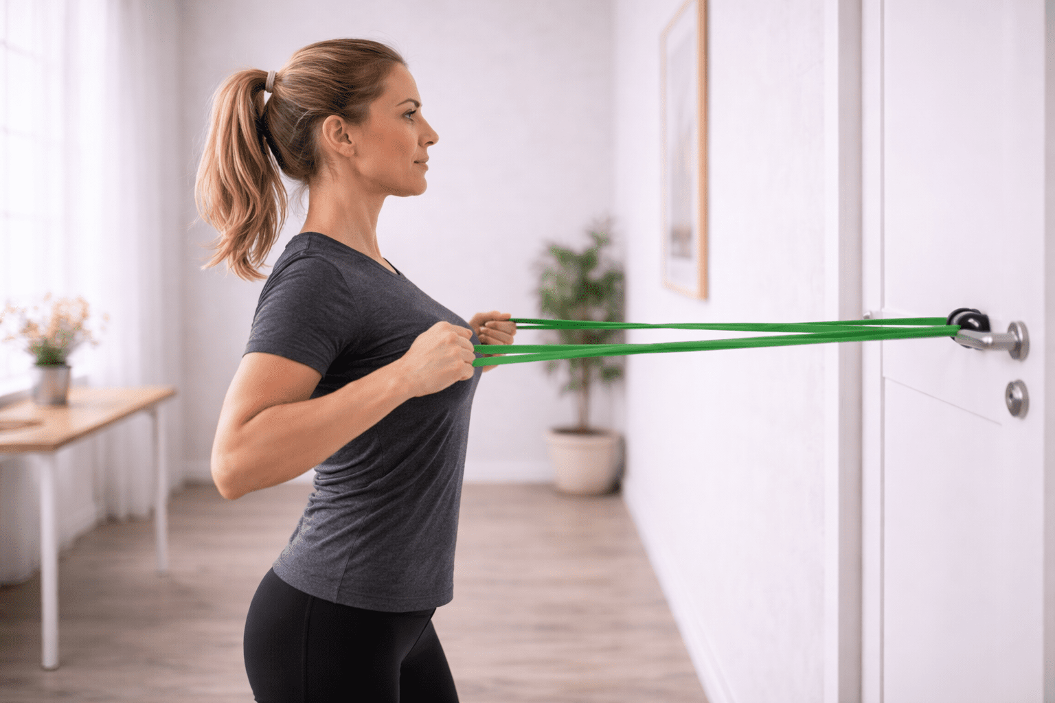 Kvinne utfører roing med treningsstrikk for skulder