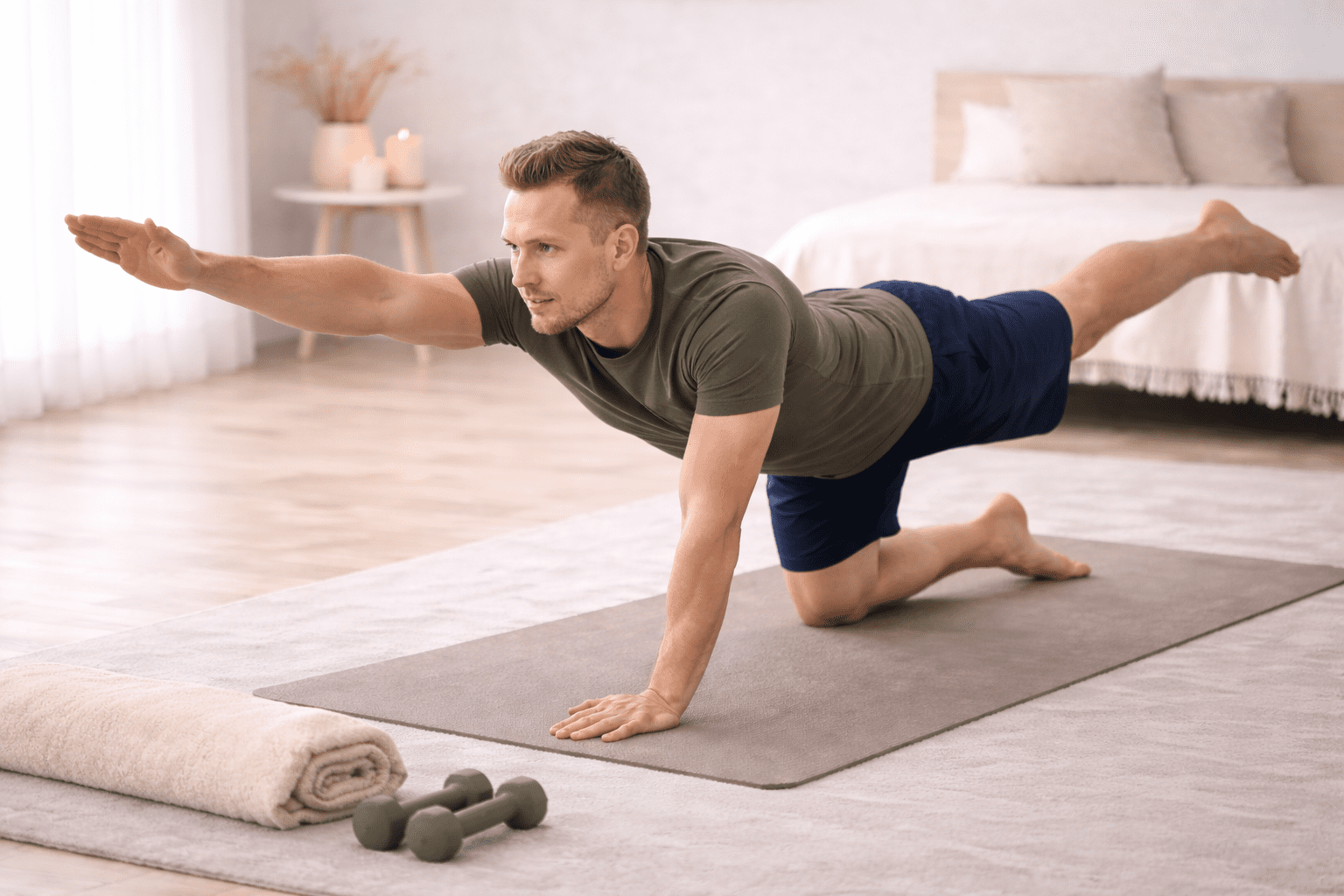 Mann som gjør ryggøvelser hjemme