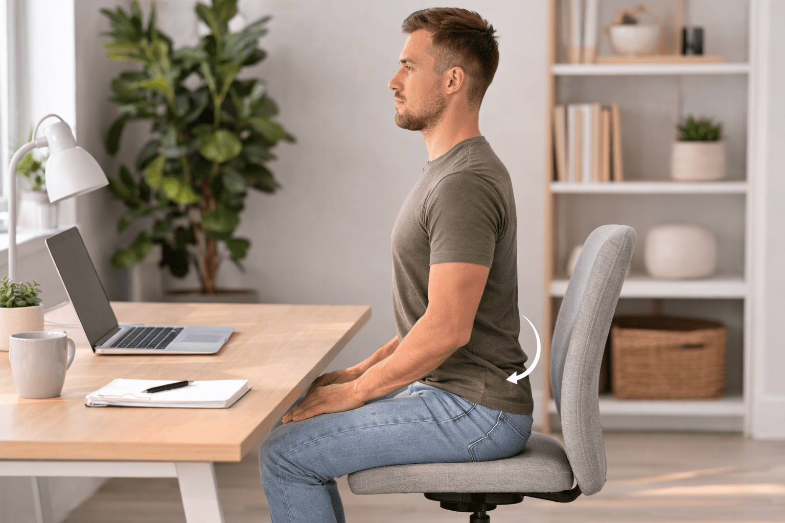 Mann utfører sittende bekkenvipper ved kontorpult — mikropause for korsrygg