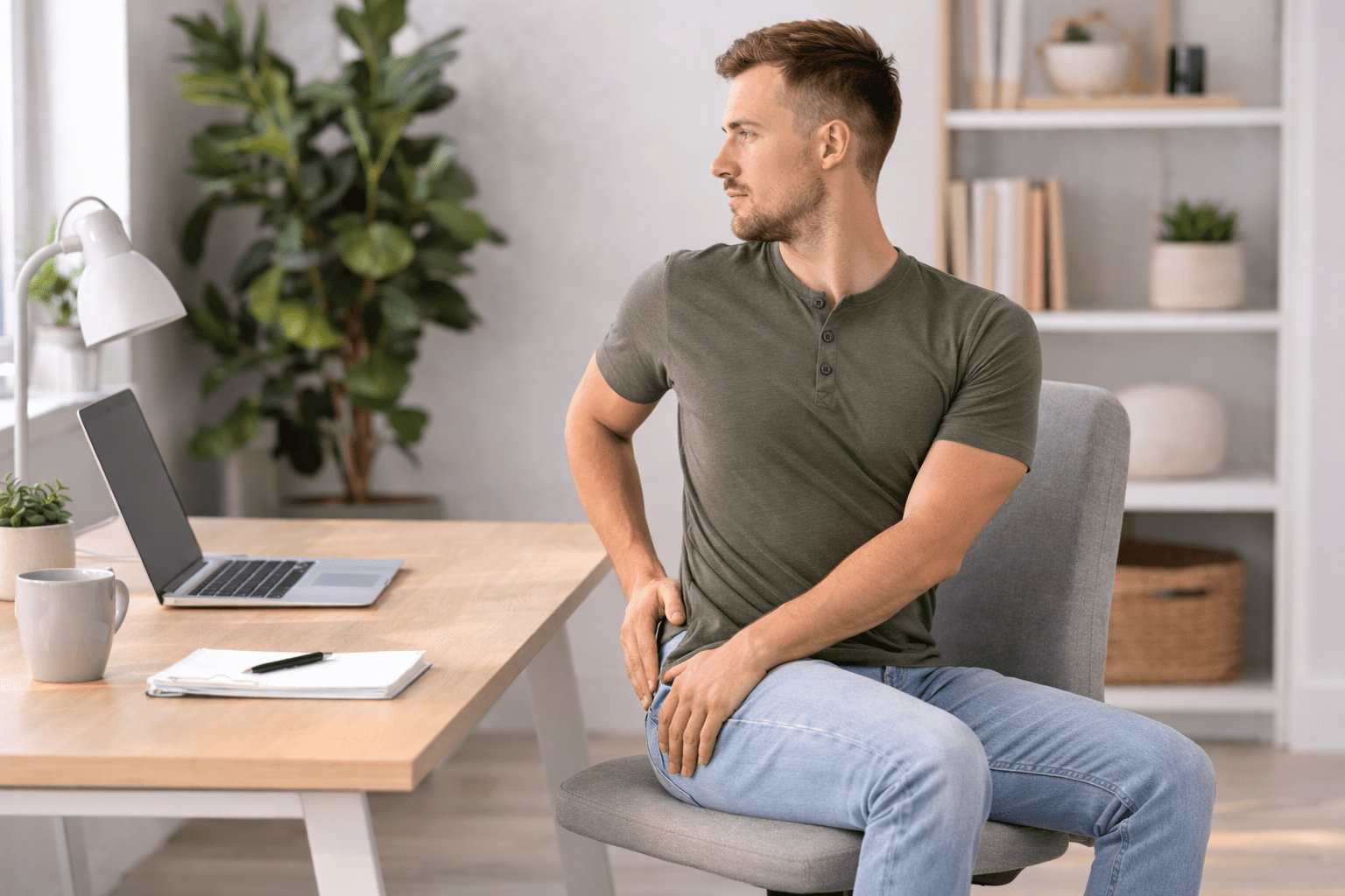 Mann utfører sittende ryggrotasjon på kontorstol — mikropause for brysthvirvelsøylen