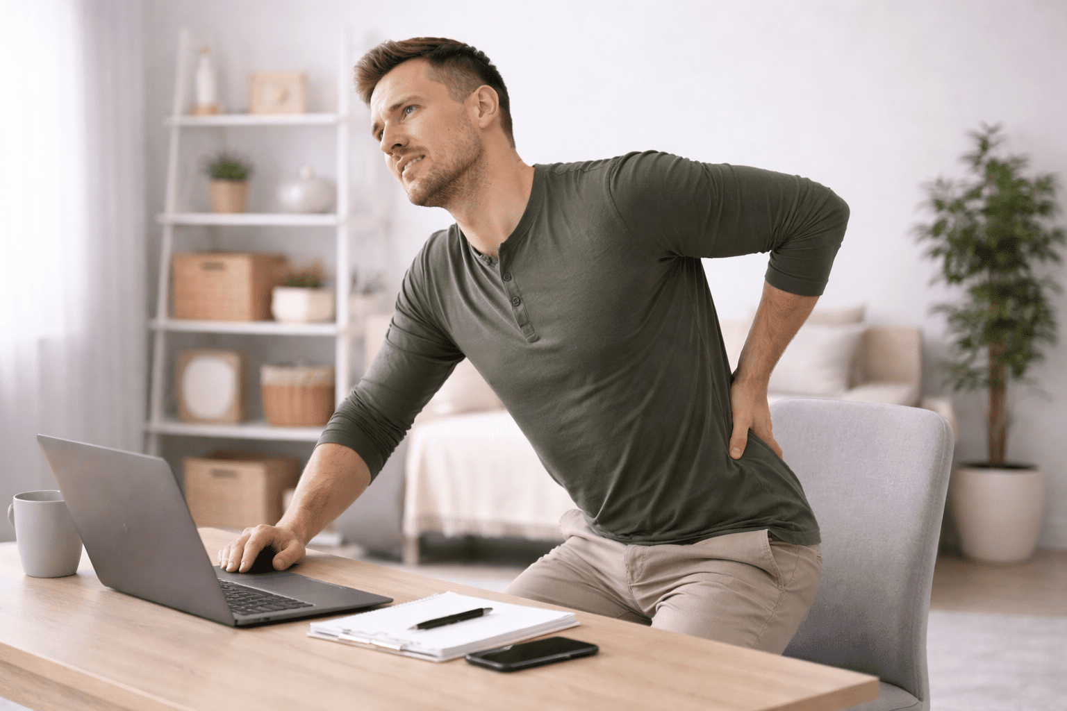 Mann som stretcher ryggen i moderne kontormiljø