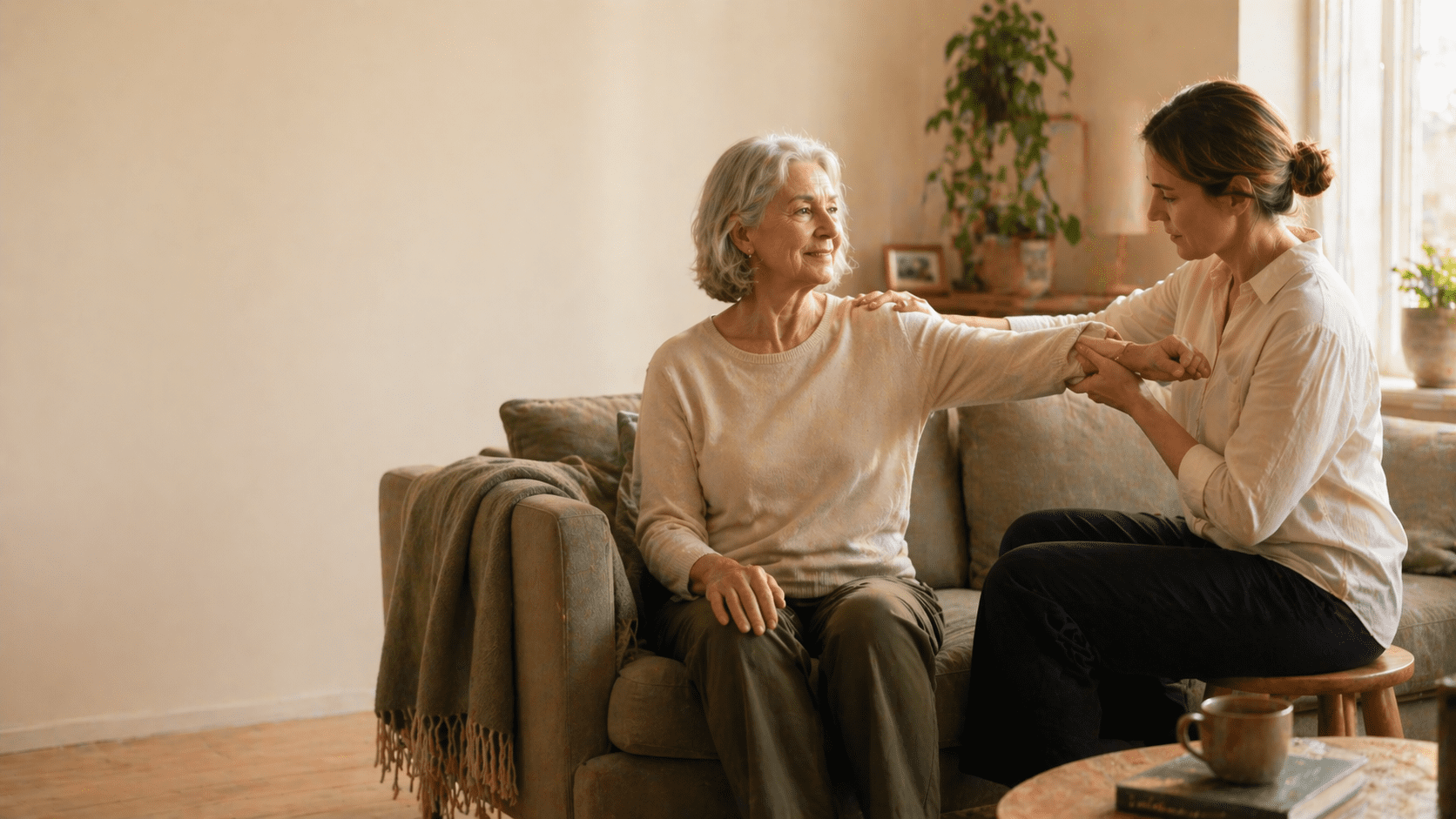 Medy fysioterapeut behandler eldre kvinne hjemme i hennes egen stue i Norge