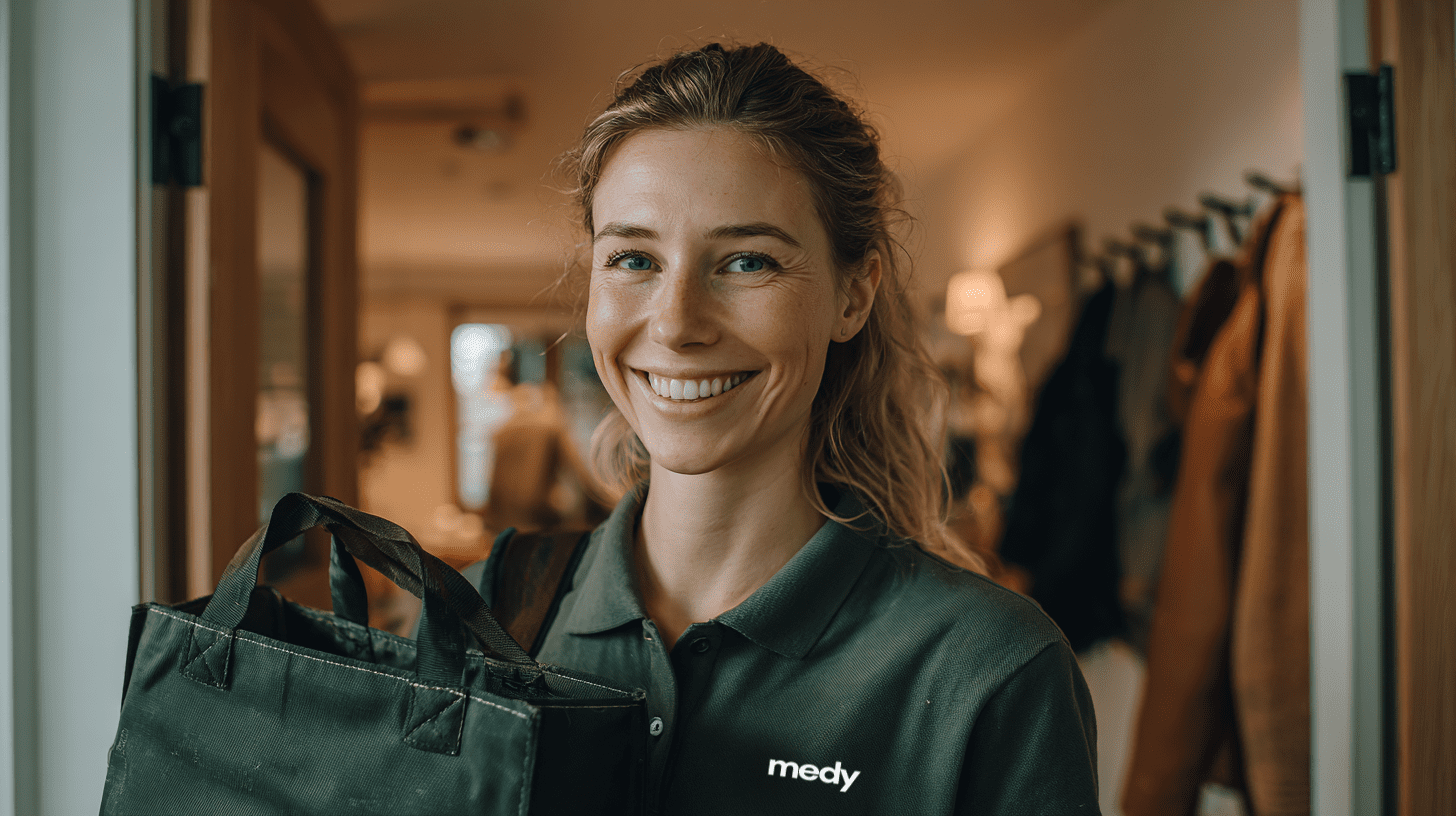 Privat fysioterapeut fra Medy klar for hjemmebesok med utstyr