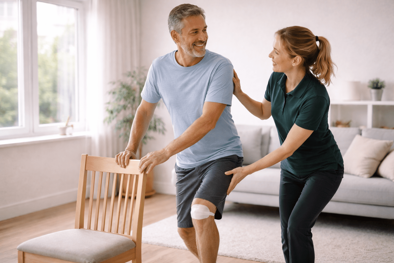 Fysioterapeut hjelper pasient med rehabilitering etter operasjon hjemme