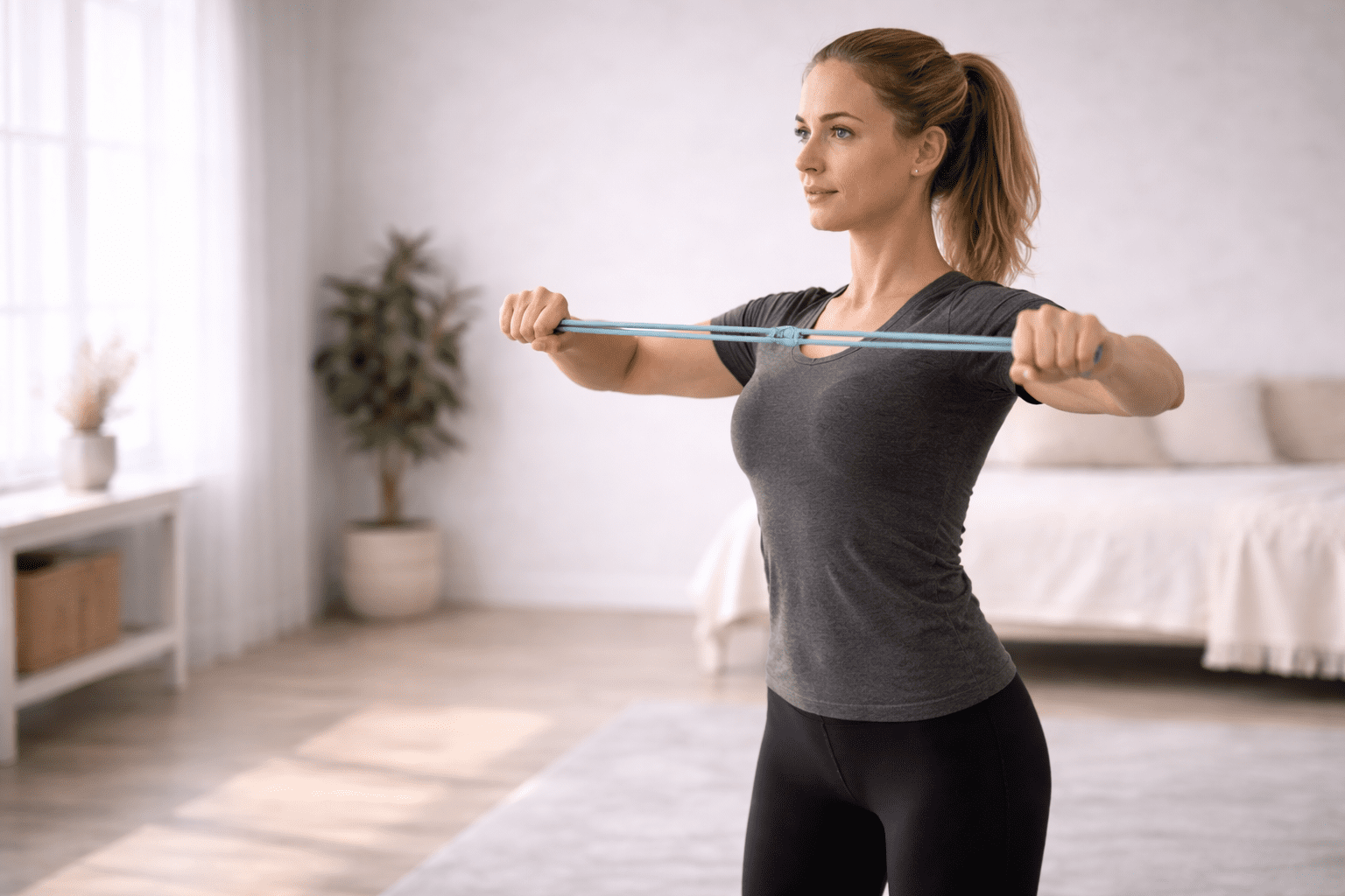 Kvinne utfører skulderøvelser hjemme med treningsstrikk