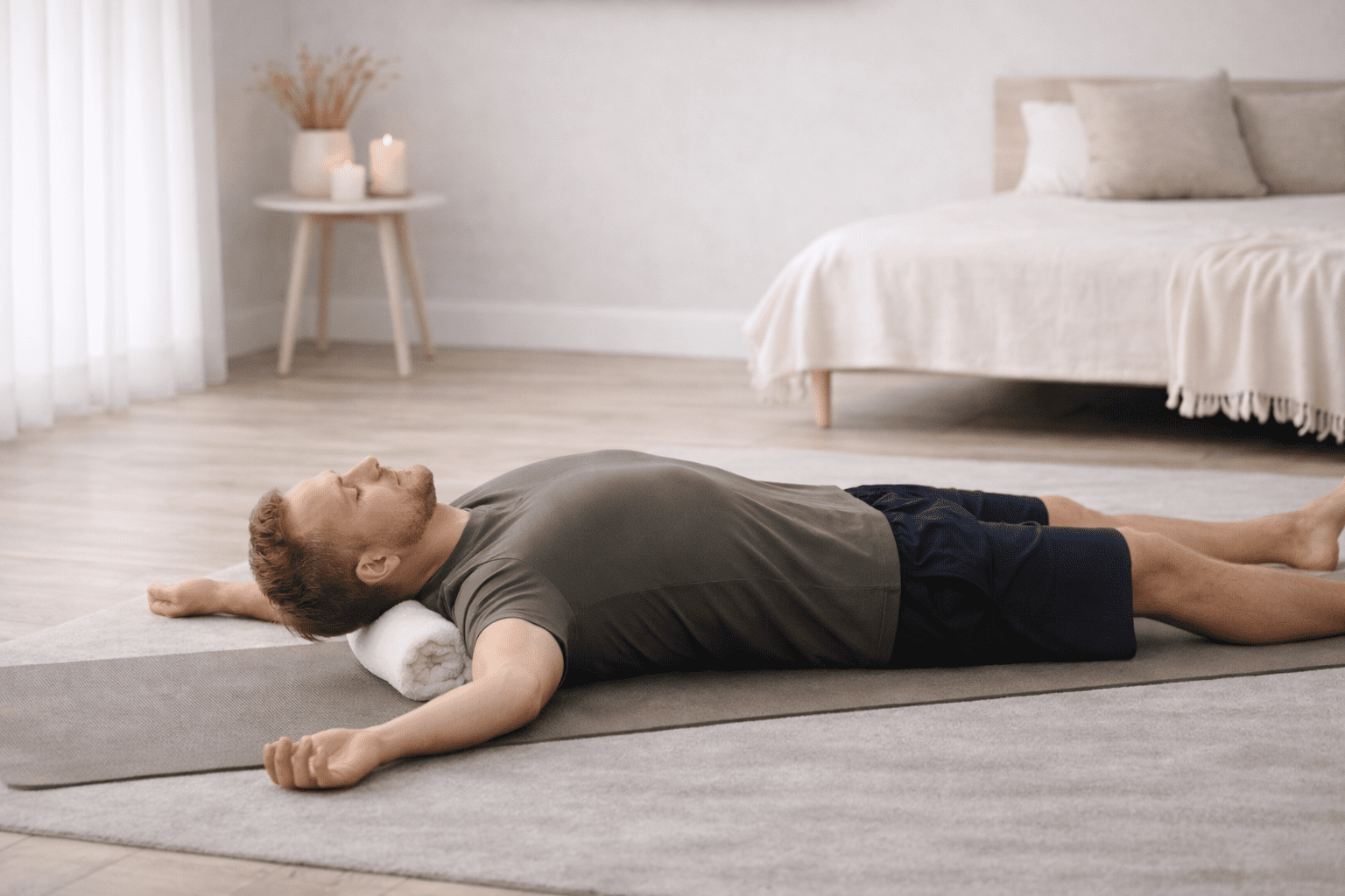 Person utfører tøyning av brysthvirvelsøylen med håndkle — ryggøvelse for thorax